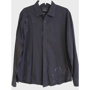 Marc Ecko Mens Shirt Sz. L Embroidered Dark‎ Blue Long Sleeve Button Collared